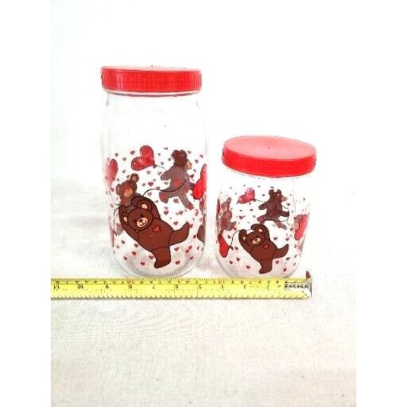 Vintage 2 Glass Teddy Bears w/ Balloons Jar Screw Top Lid Made in France cookie - Picture 4 of 7